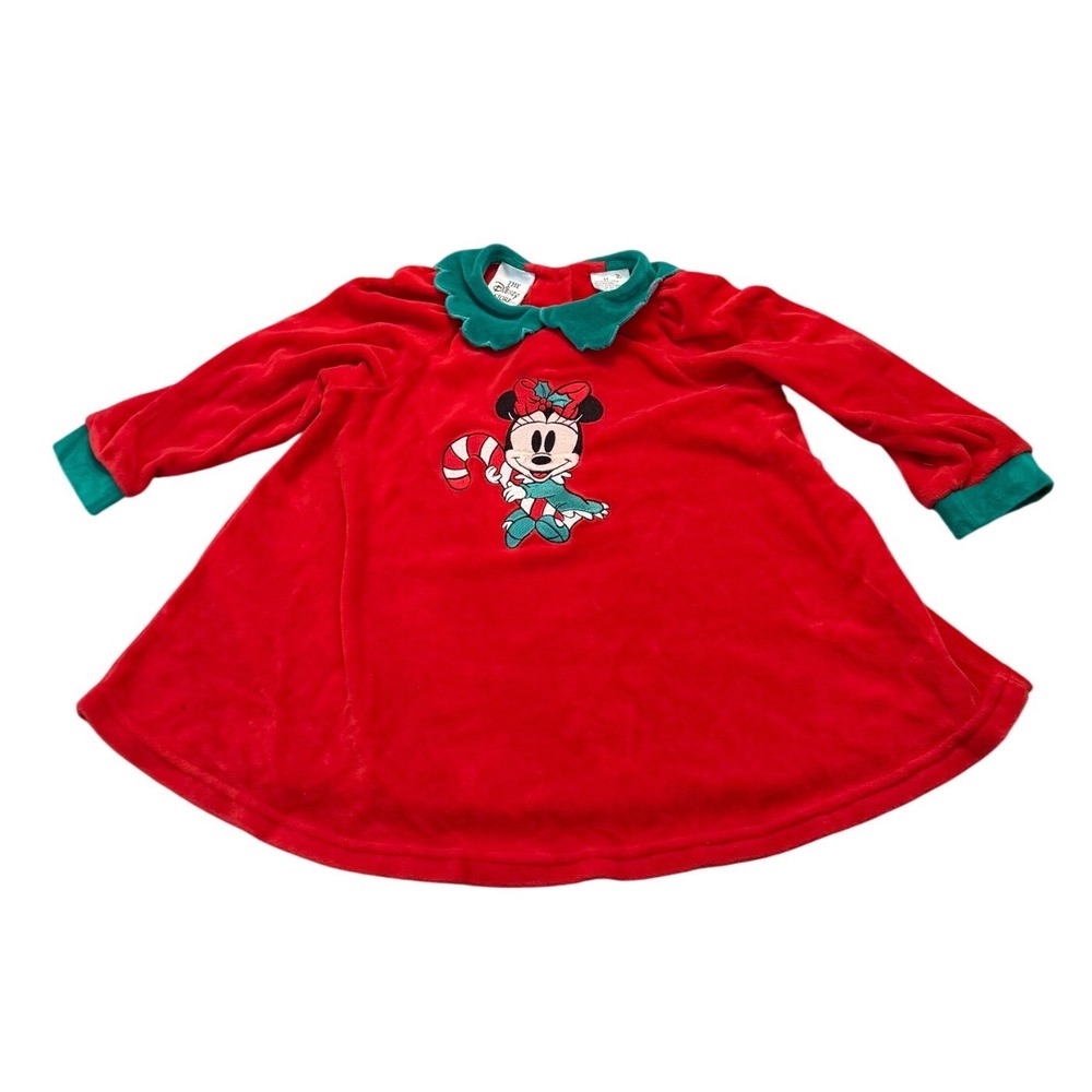 Vtg Disney Minnie Mouse Christmas Dress Girls 3T Red Velour Holiday Dress